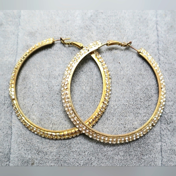 Kitson double tier cascading rhinestone pave hoop statement earrings gold Large - Picture 4 of 8